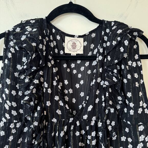 Muche et Muchette Black Daisy Floral Lurex Ruffle Semi Sheer Blouse Tank OS / M - Picture 4 of 10